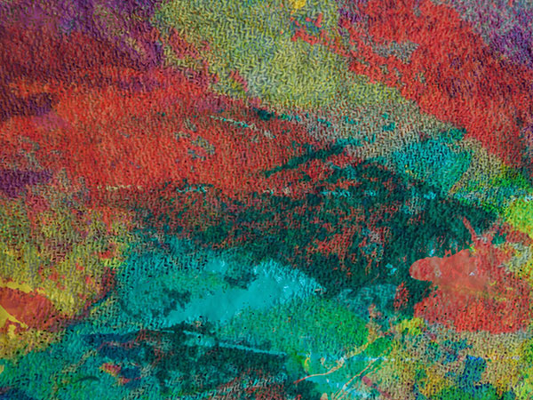 A digitally manipulated image of a painting which consists of layered photographs of colourful abstract paintings edited with photoshop techniques