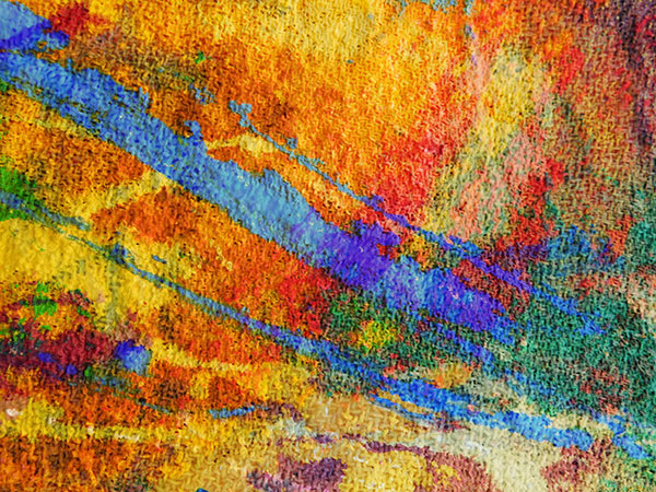 A digitally manipulated image of a painting which consists of layered photographs of colourful abstract paintings edited with photoshop techniques