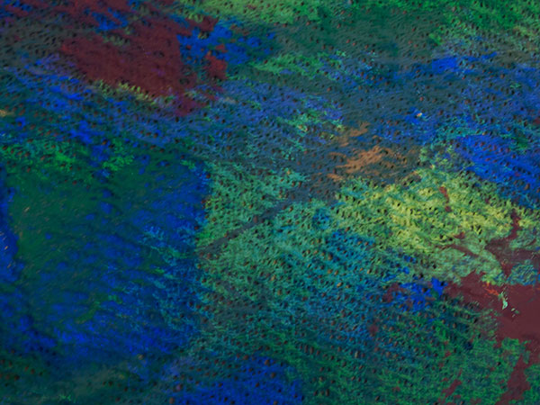 A digitally manipulated image of a painting which consists of layered photographs of colourful abstract paintings edited with photoshop techniques