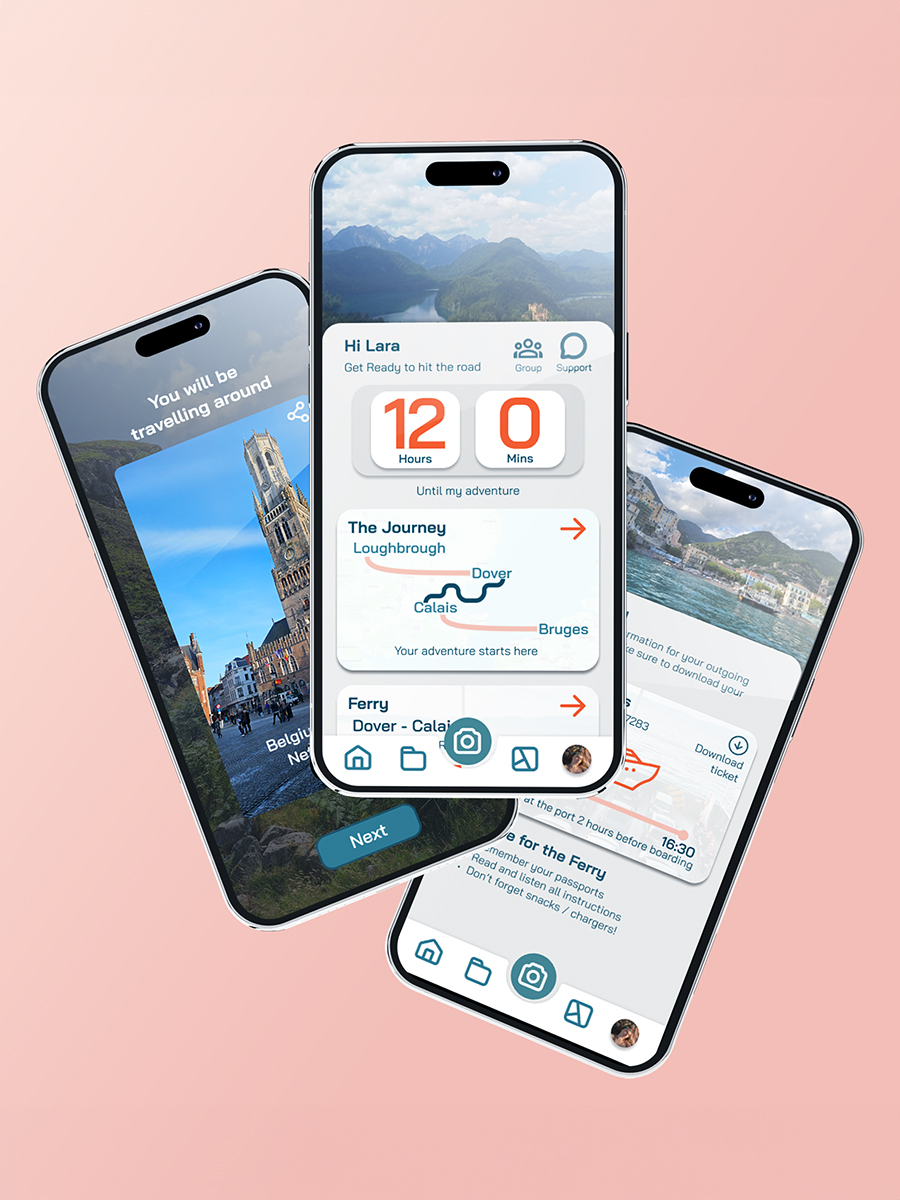 This image shows 3 of the app pages one is the home screen showing the name with slogan underneath, it has a countdown until the trip. Their is a section underneath showing the journey. another imag si the reveal of their trip location with an image and next button. The other image has ferry information with improtant facts and ticket.