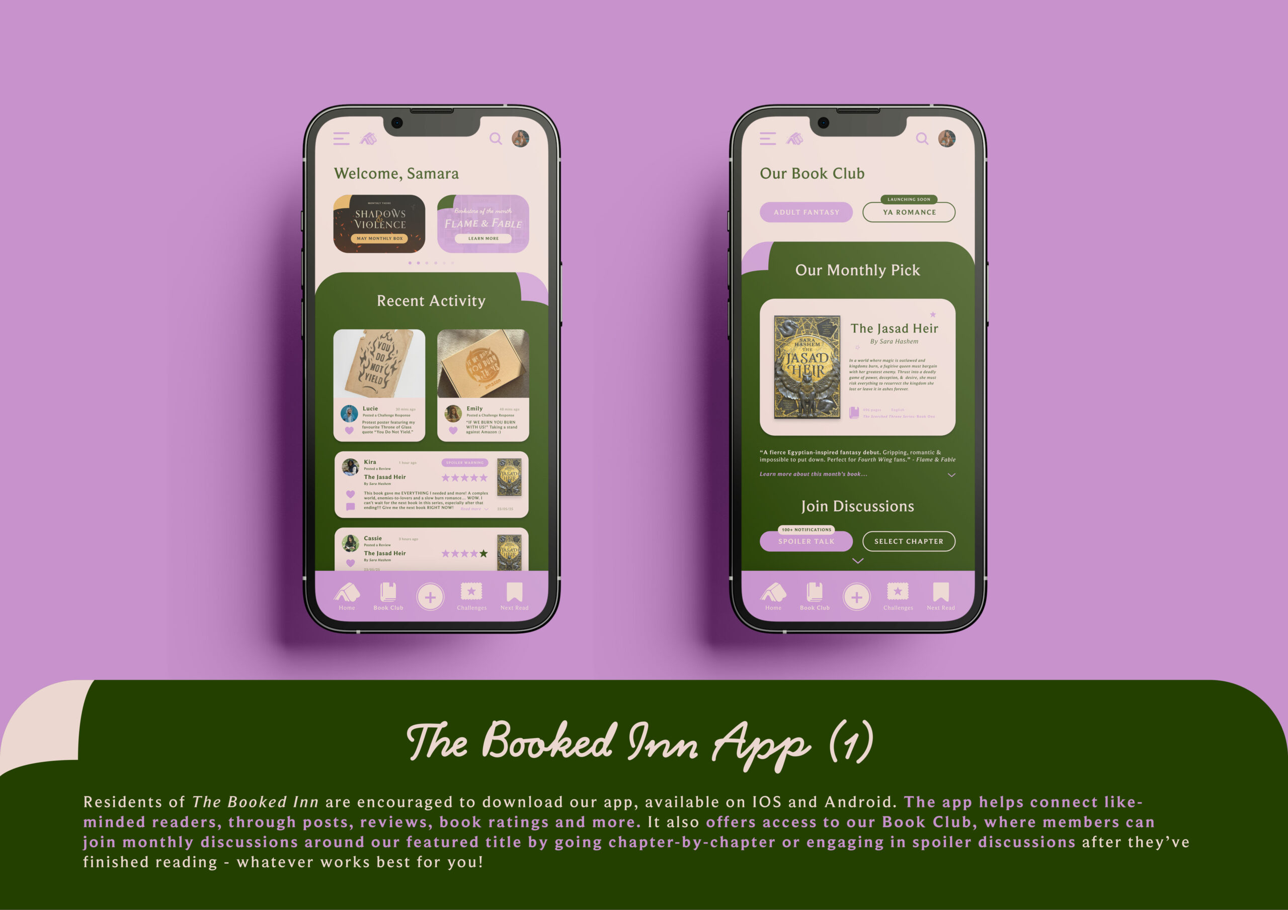 2 app screens for The Booked Inn showcasing the home page and book club page. 