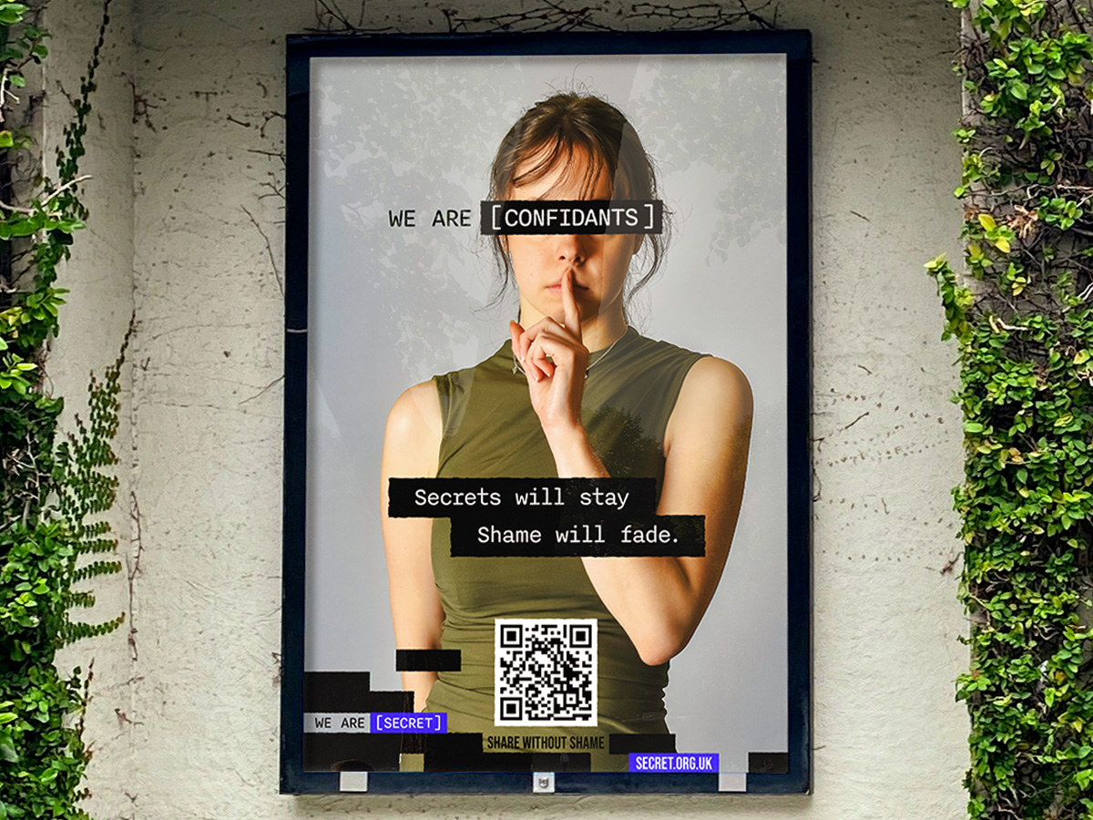 Woman with finger on lip and text covering eyes advertisement poster on wall surrounded by climbing plants.