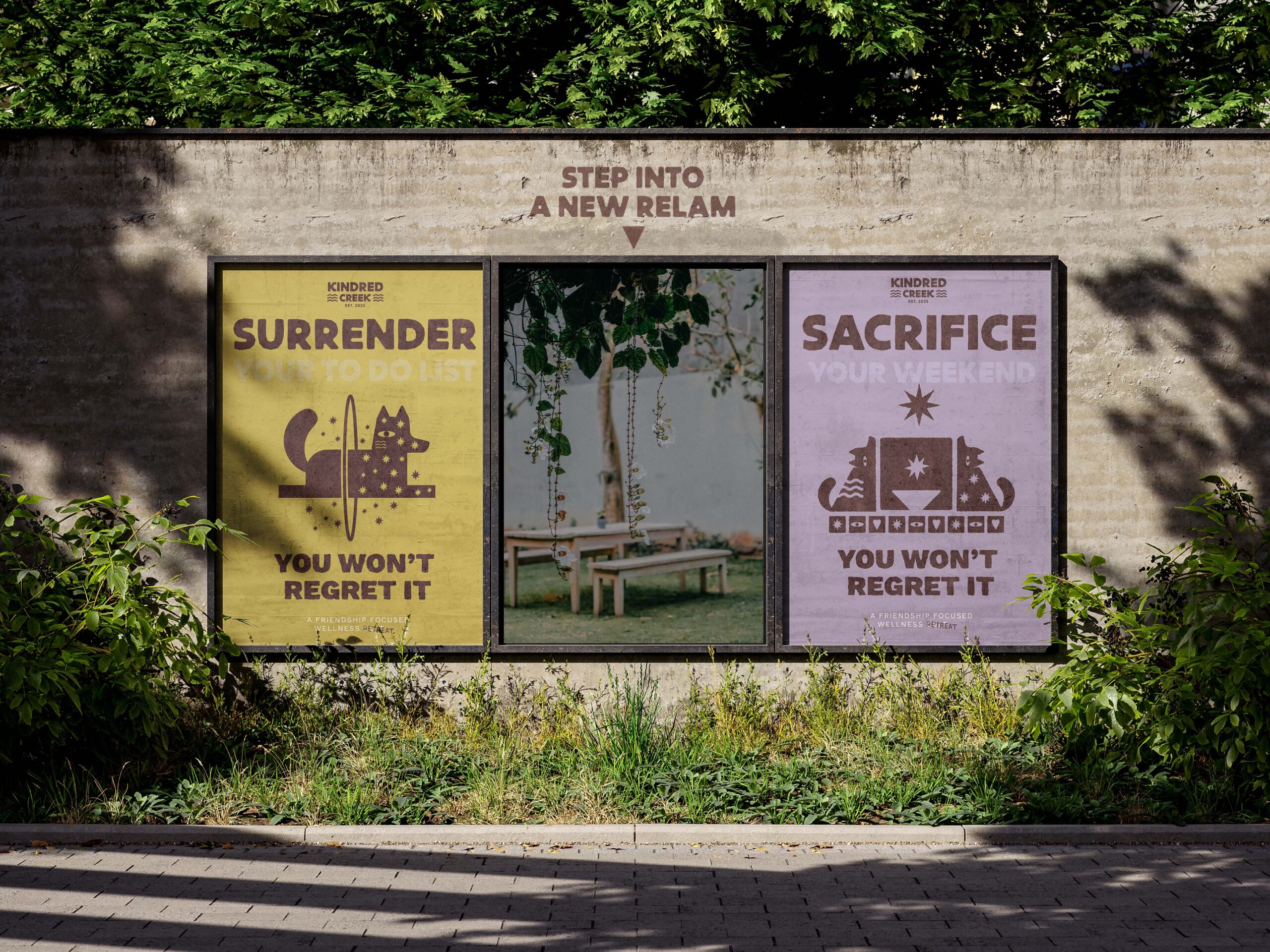 Two posters either side of an opening in a wall that a person can step through into a garden party. The posters read surrender your to do list, you won't regret it and sacrifice your weekend, you won't regret it.