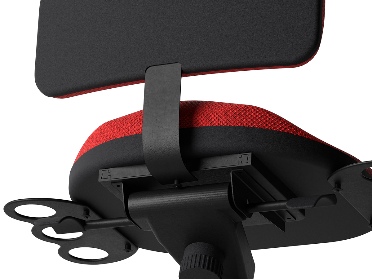 Close-up view of the modular mechanisms, showing the removal process for the ball holder and backrest, along with the sliding seat mechanism.