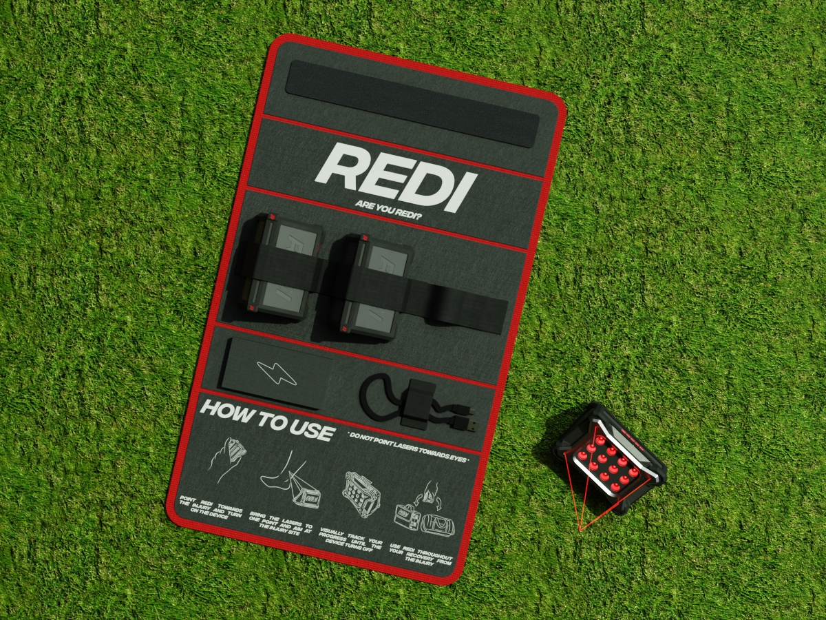 Open carry case, displaying two REDI devices, the portable charging battery and cable and visual instructions on how to use the device. A REDI device next to the open case, in freestanding use