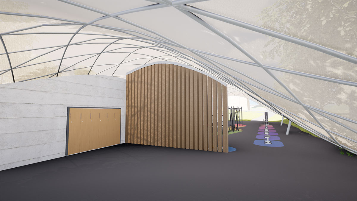 This shows the classes area at the back of the space.