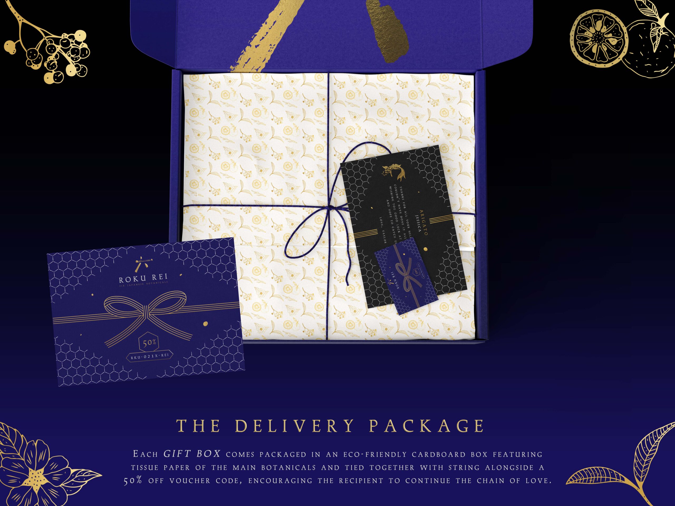 Blue, cardboard delivery package with a thank you note, voucher and botanical-themed tissue paper. 