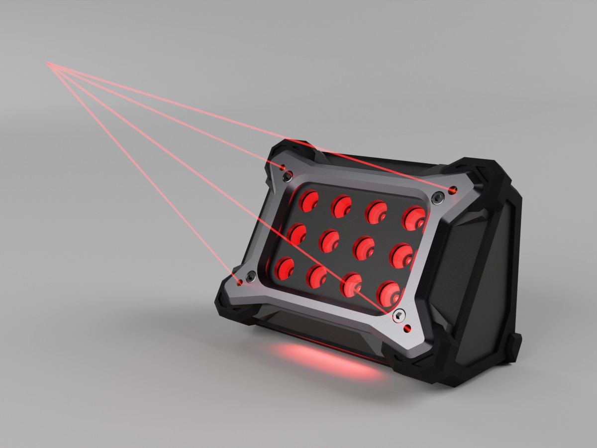 Image of the REDI device solution, demonstrating the aesthetic, Red Light Therapy and converging lasers function