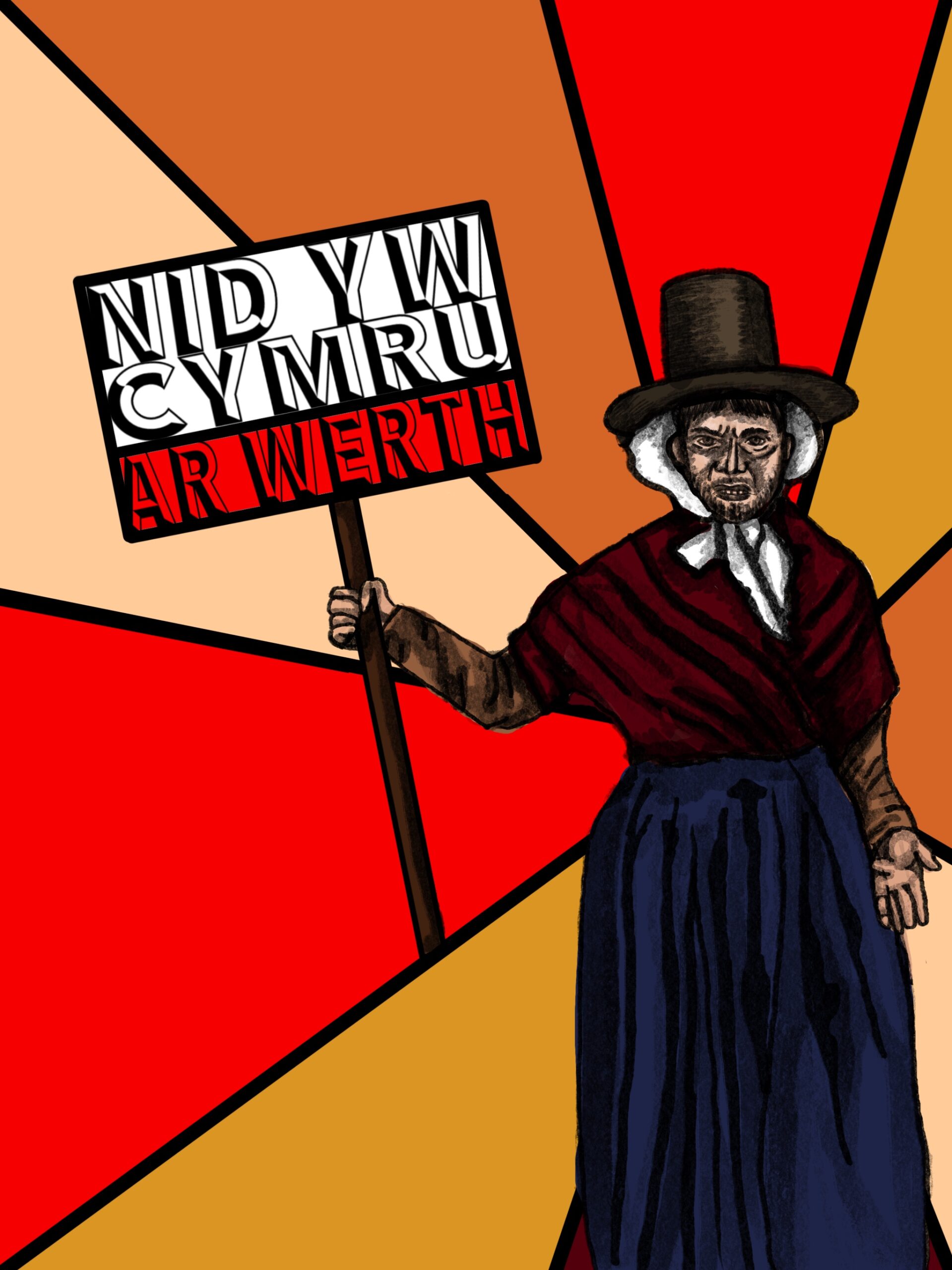 Original zine of the stained glass panel with man dressed as Welsh lady with protest sign.