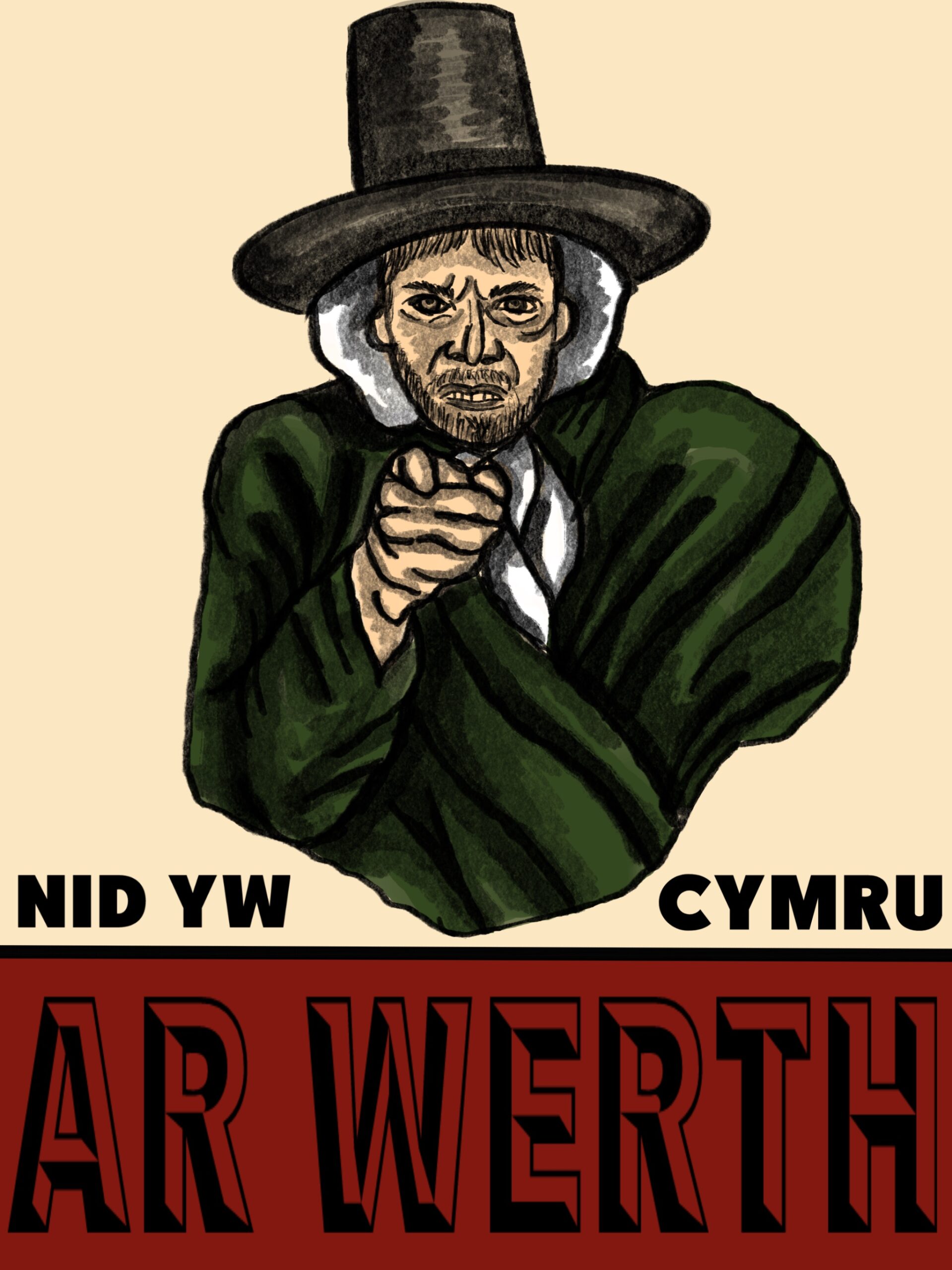 Zine with man dressed as Welsh lady, reading 'Nid Yw Cymru Ar Werth'.