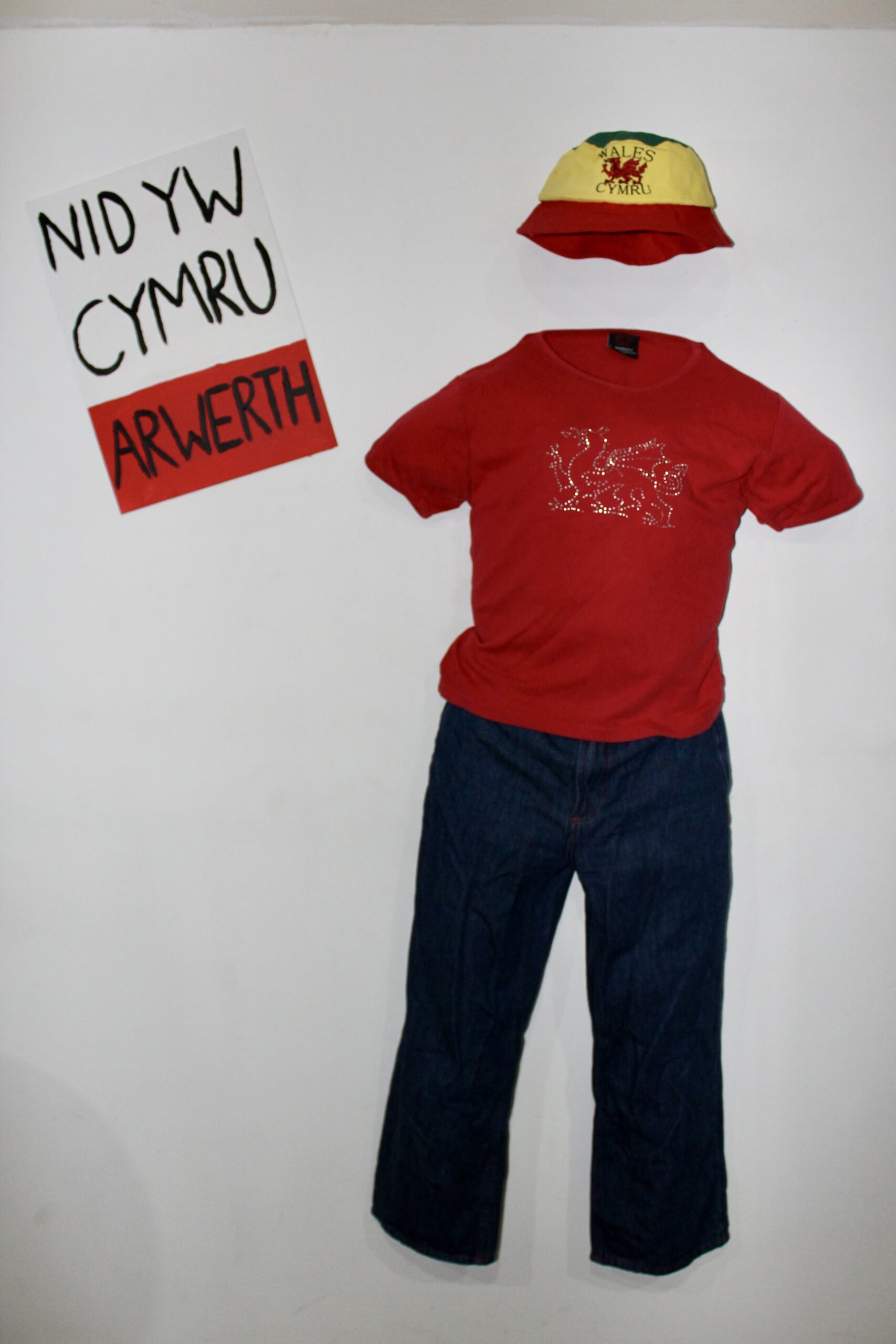 Modern clothing for a young Welsh person holding a protest sign.