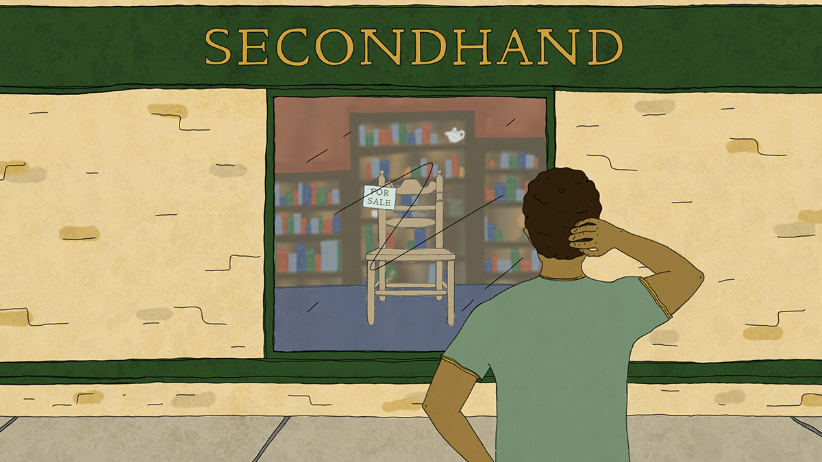 Chair in the window of a second hand shop - illustration.