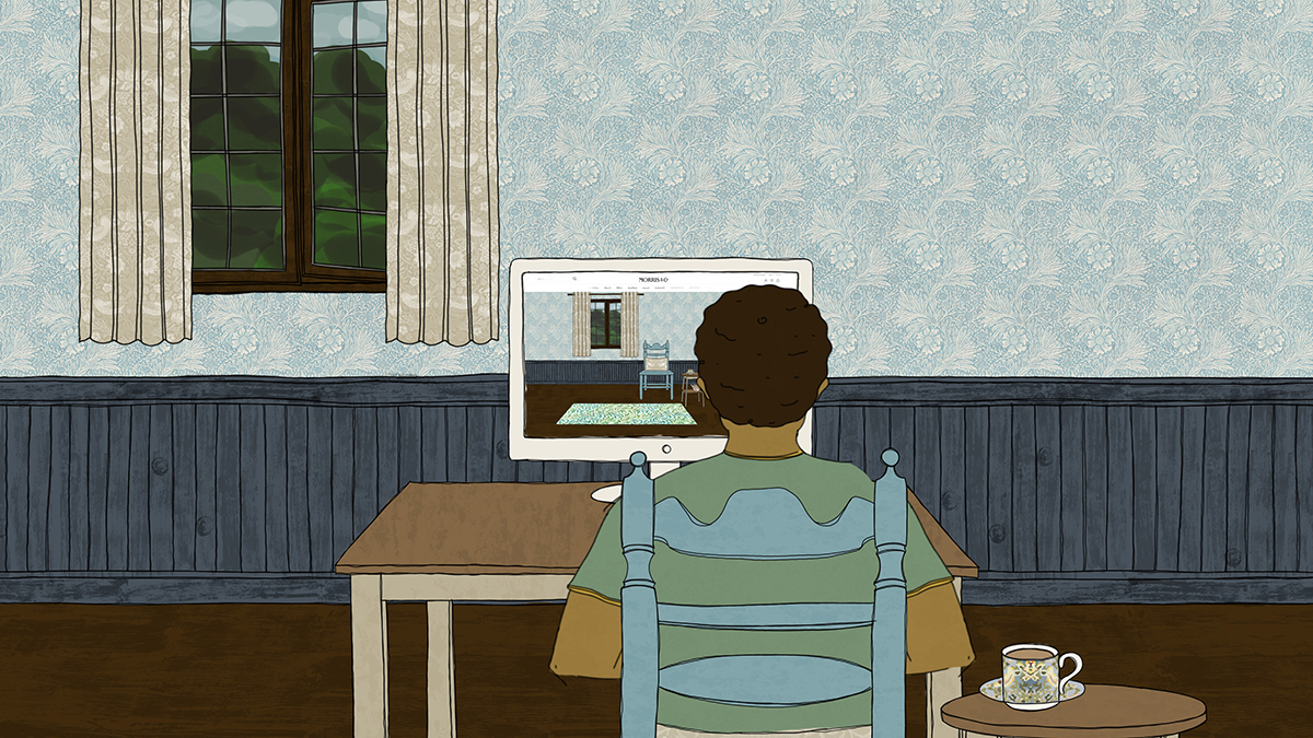 Person sat at desk looking at Morris & Co. website - illustration.