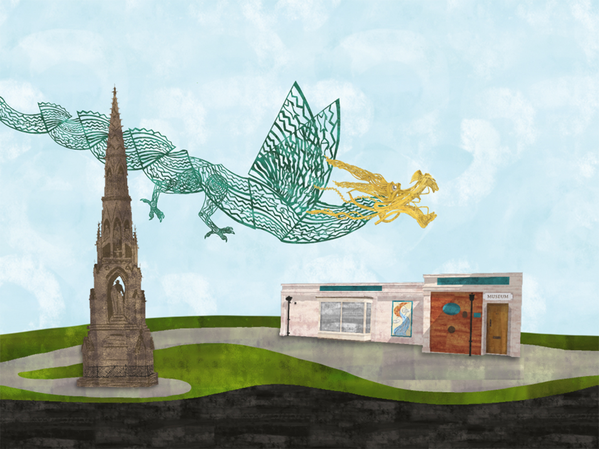 Cone-shaped monument and single story museum building. Green and gold wyvern flying in the sky. Collage illustration.