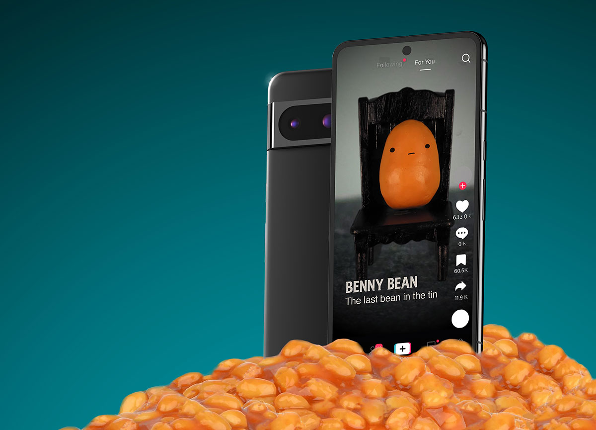 iPhone mock-up showing the campaigns video in a pile of baked beans, used to depict what the video will look like on a phone screen.