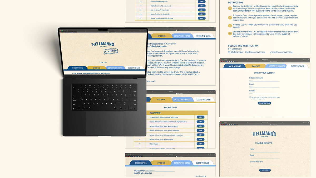 An interactive digital detective game interface themed around the mystery of Hellmann’s missing mayonnaise bow. Sections include a case briefing, evidence list, detective’s notes, and a form to submit a suspect, aiming to solve the disappearance.