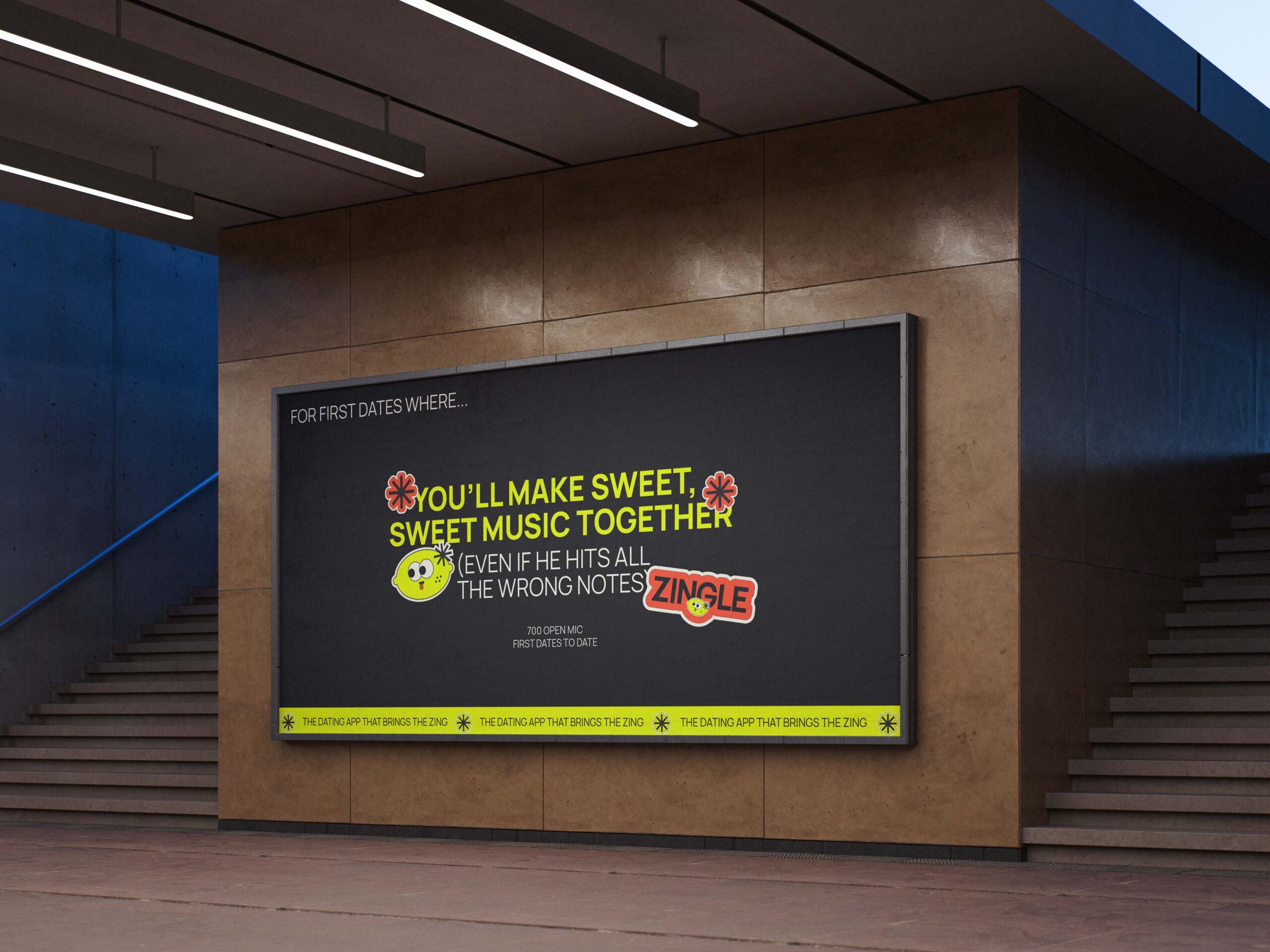 A billboard promoting a dating app called Zingle in an underground train station. It read 'For first dates where you'll make sweet, sweet music together. Even if he hits all the wrong notes.'