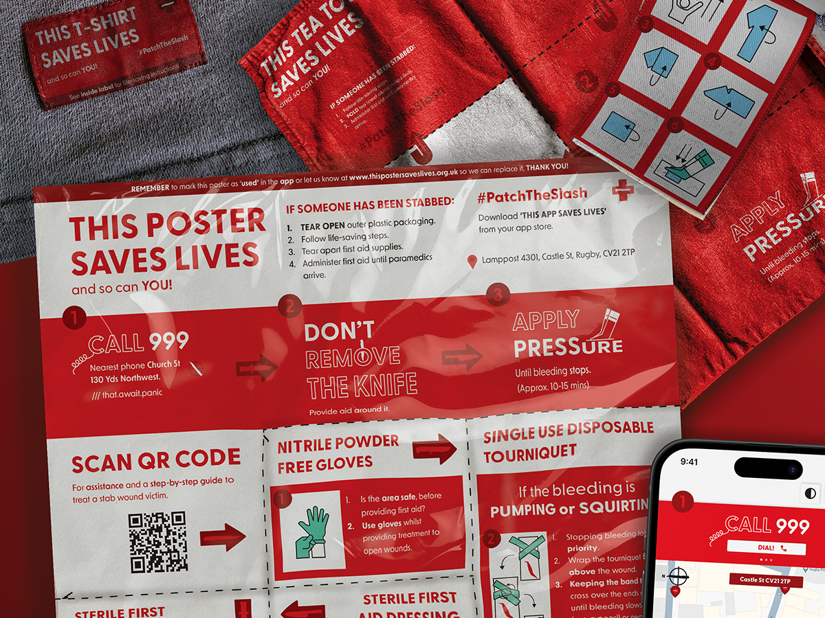 A collage of medical resources poster, t-shirt, Tea-towel and app.