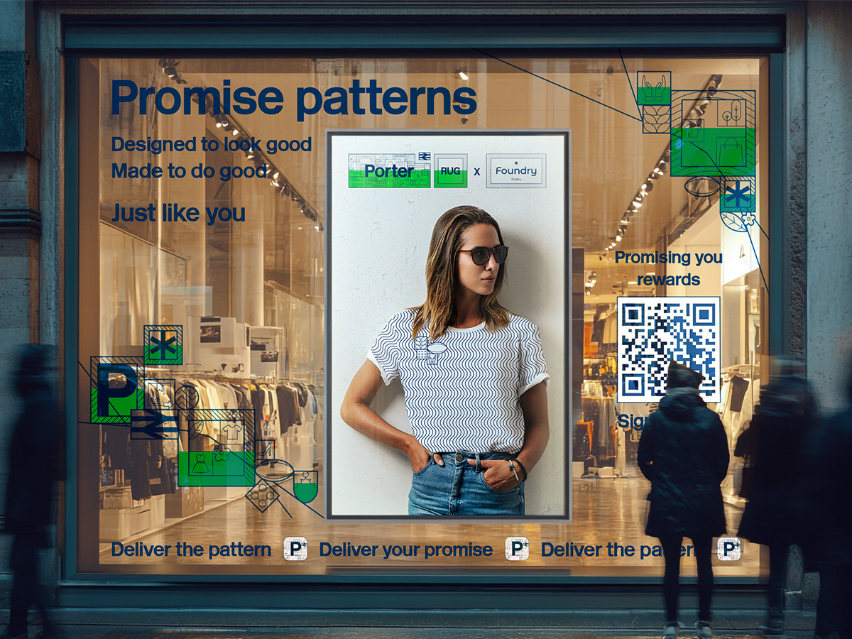 Porter collaboration shop window display and model wearing patterned t-shirt.