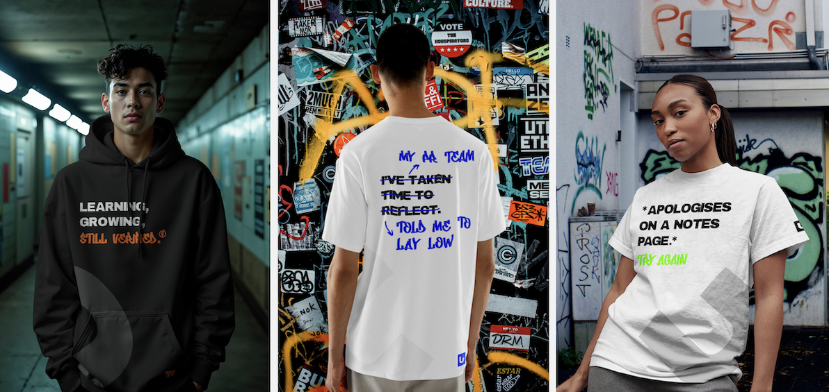 three examples of streetwear showing excuses