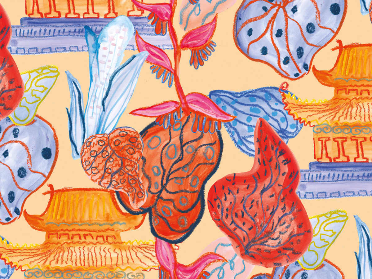 This design sets the scene of the story, as I have imagined it. It shows the beautiful, golden Emperor's palace amongst the rarest, most peculiar plants.