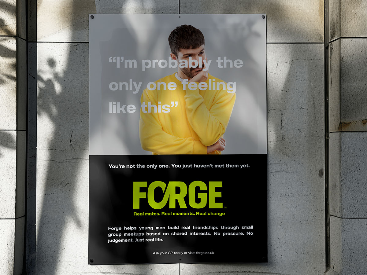 poster of a guy looking sad, advertising forges service