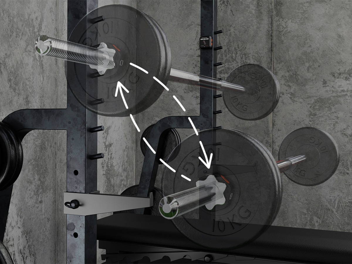 Visualisation of the CHK BOX device and tracking collars monitoring the movement path of the barbell
