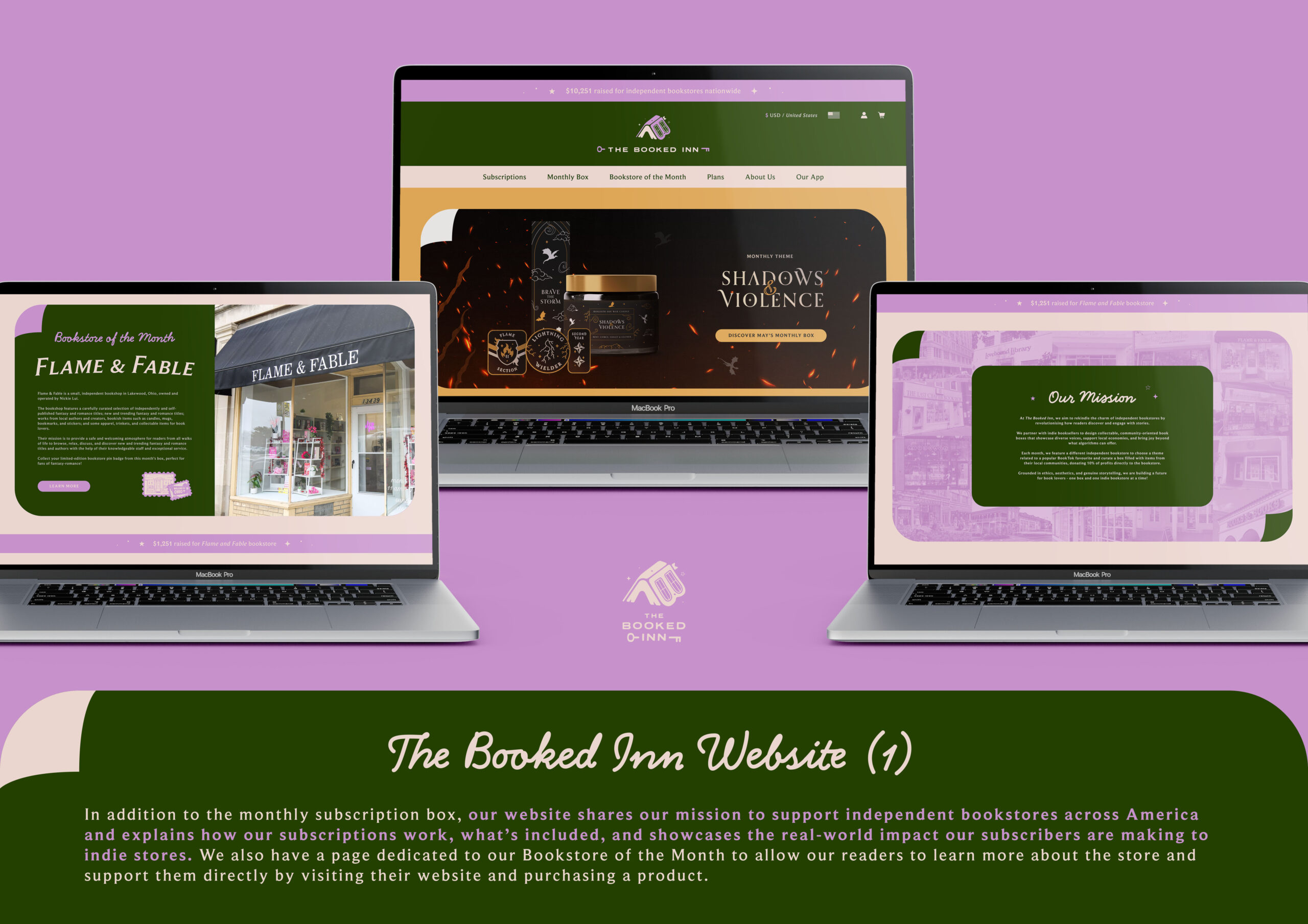 3 website pages for The Booked Inn depicting the monthly theme, bookstore of the month and a brand mission statement. 
