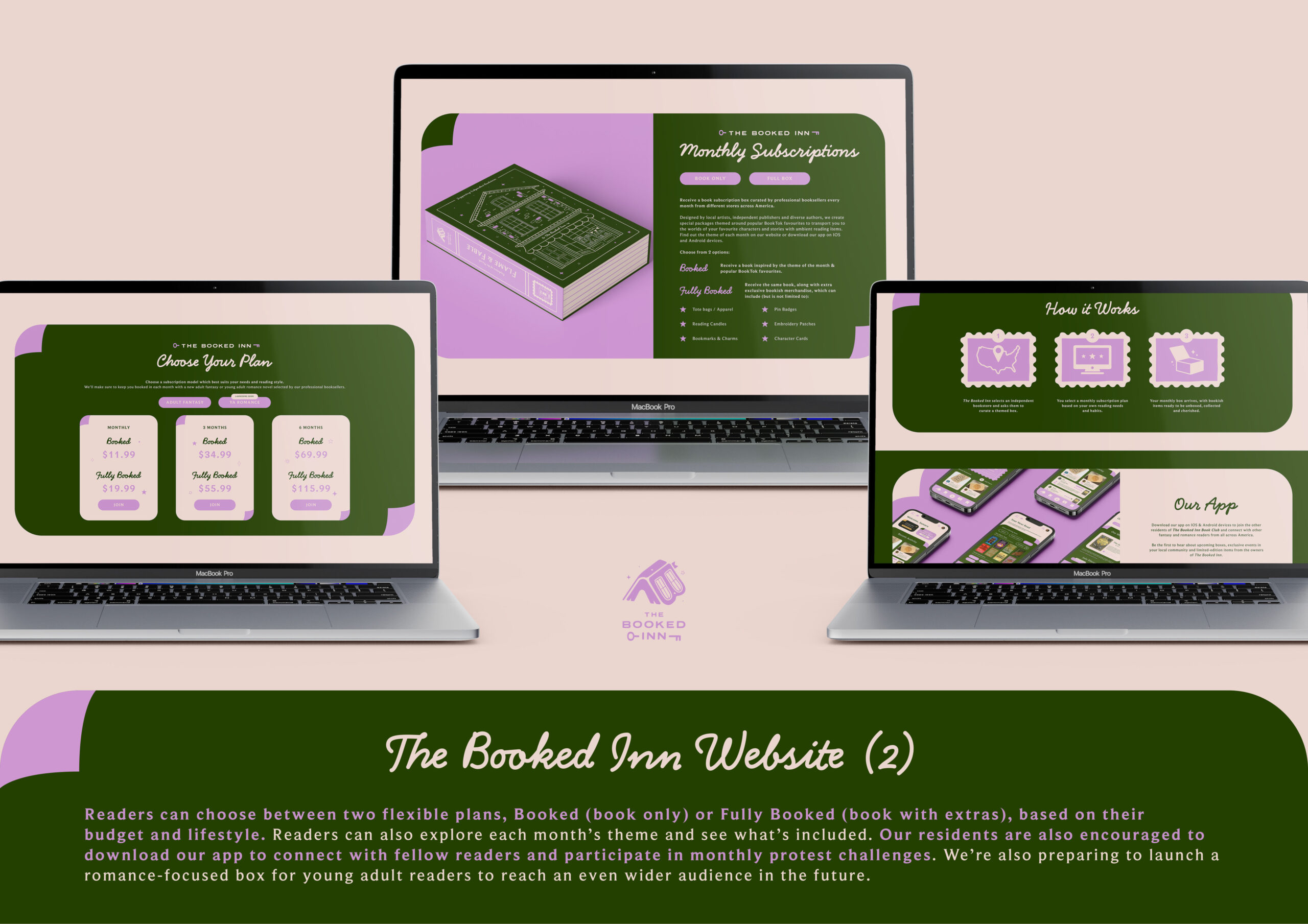 3 website pages for The Booked Inn depicting subscription plans, how the service works and an app download. 