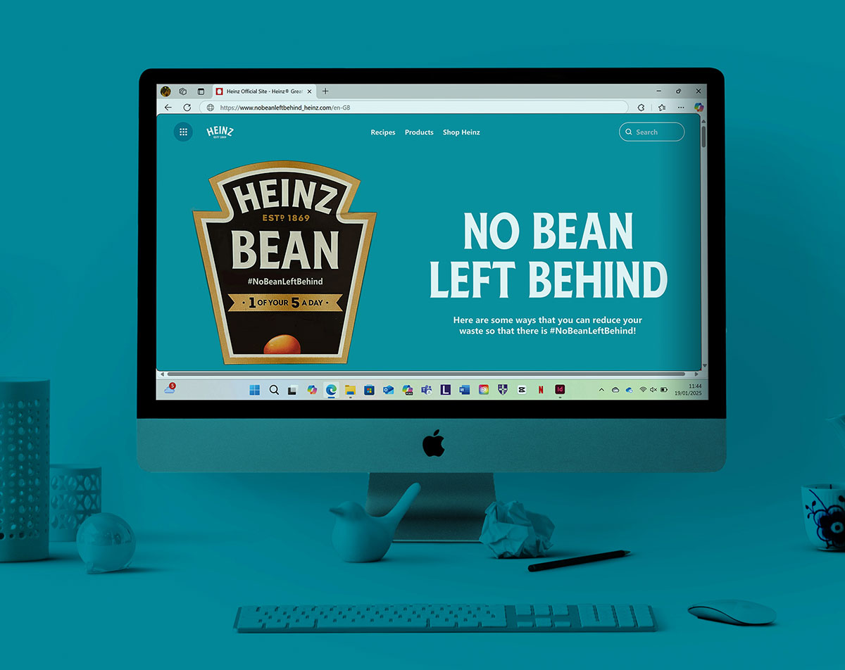 computer screen showing the campaign website page, with text saying No Bean Left Behind with a summary about the campaign, used to show the campaign website page.