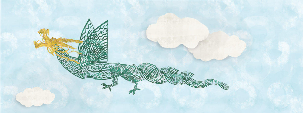 Green and gold wyvern collage illustration.