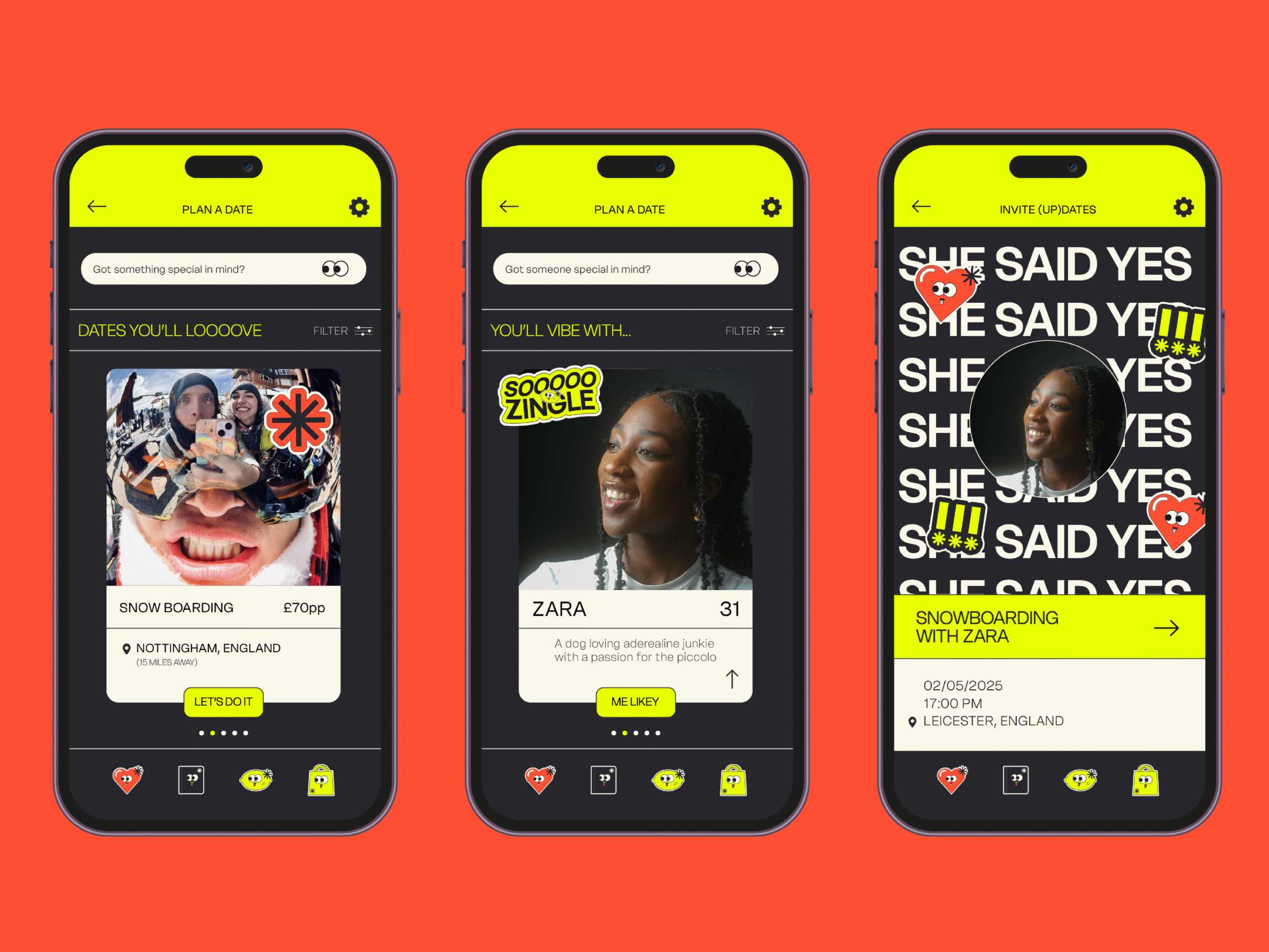 A trio of phone screen against a red background showcasing key screens rom the app. Screen one shows the interface for selecting your activity, screen two show the interface for selecting a match to join you and screen three shows the interface you see when your match accepts your date invitation.