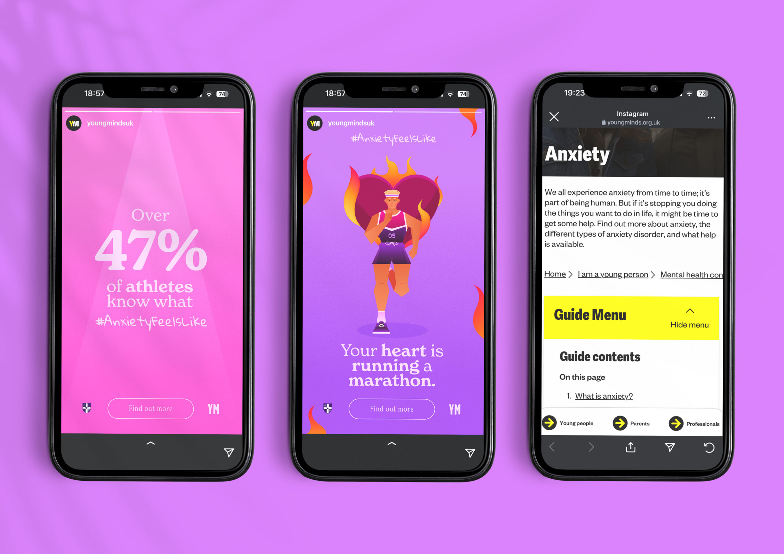 Instagram stories relating to Anxiety in sport settings using colourful illustrations of athletes. 
