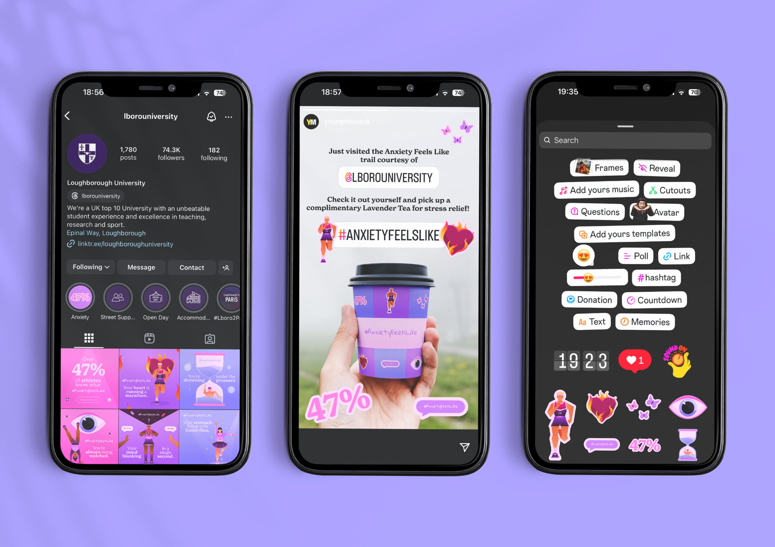 Instagram stories relating to Anxiety in sport settings using colourful illustrations of athletes. 