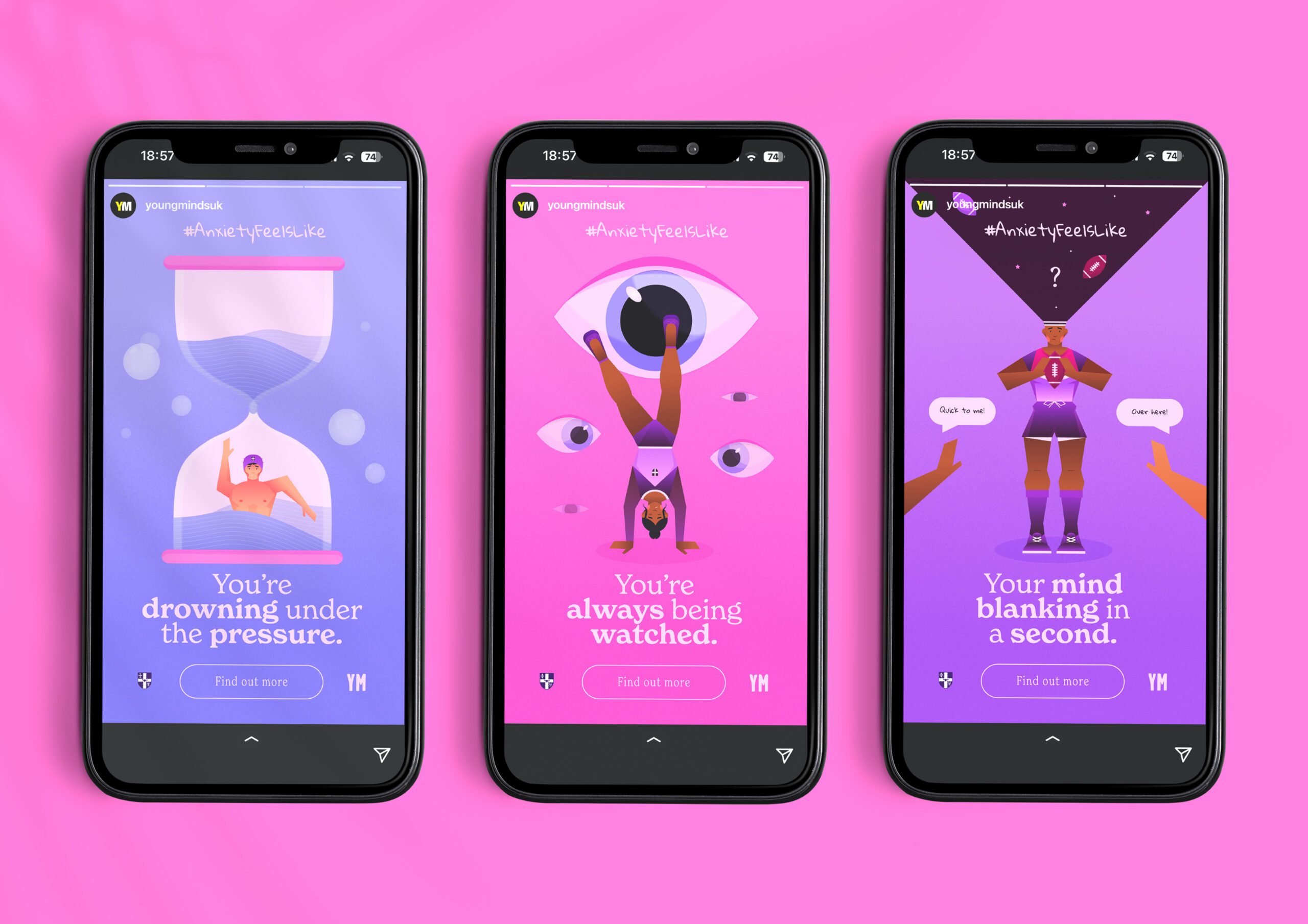 Instagram stories relating to Anxiety in sport settings using colourful illustrations of athletes. 