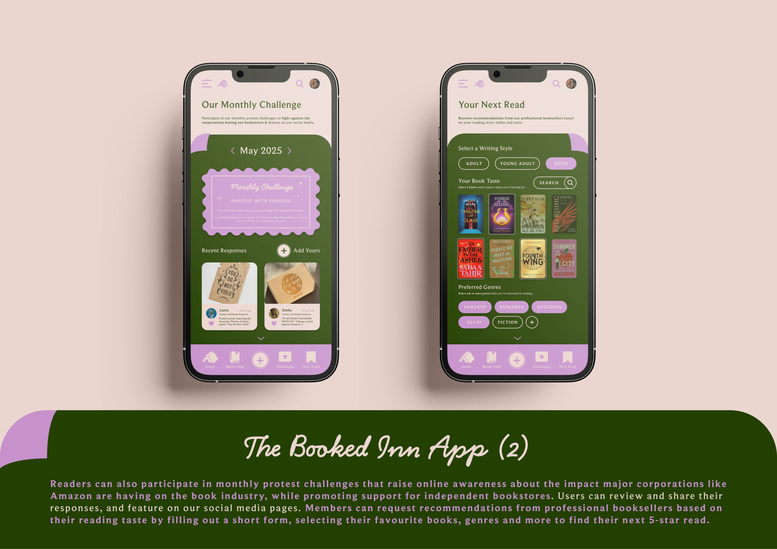 2 app screens for The Booked Inn presenting the monthly challenge and responses along with a recommendations from booksellers form. 