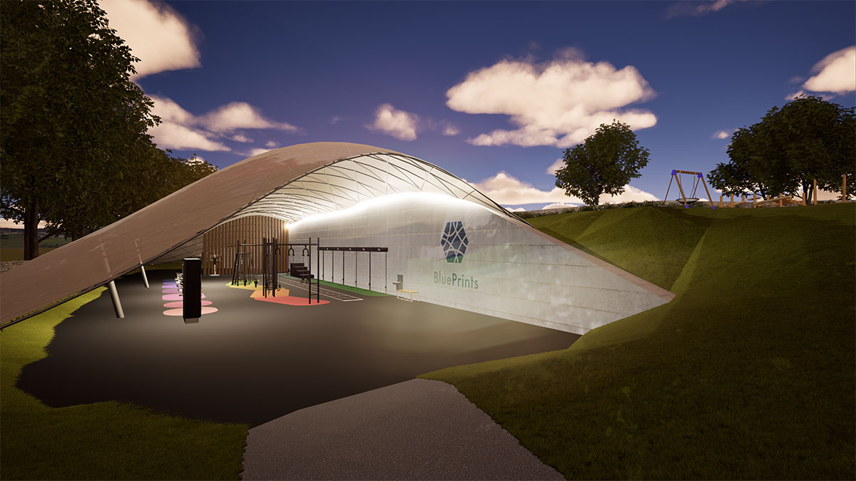 This shows the space lit up at night.