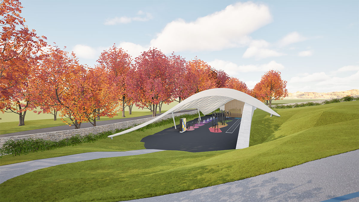 Shows the BluePrints fitness hub from a wide angle with autumnal trees in the background.