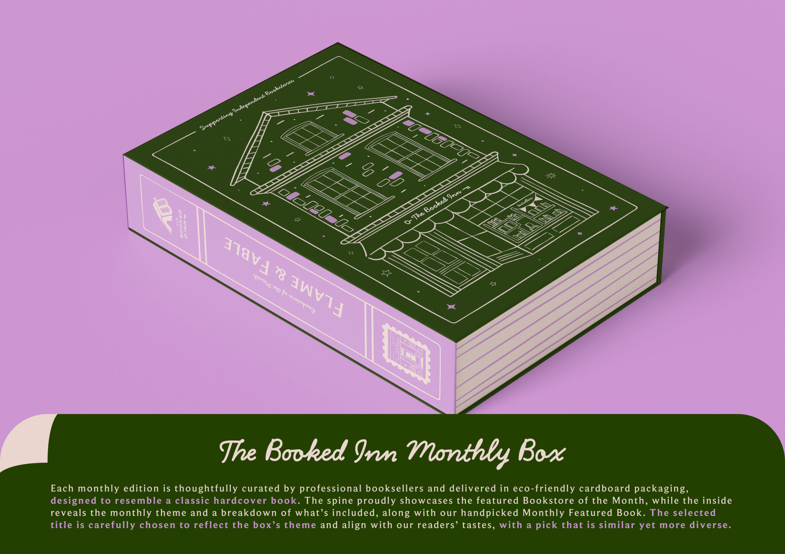 A monthly subscription box featuring a green and purple colour palette with an illustration of a bookstore on the cover, resembling a classic hardcover book. 