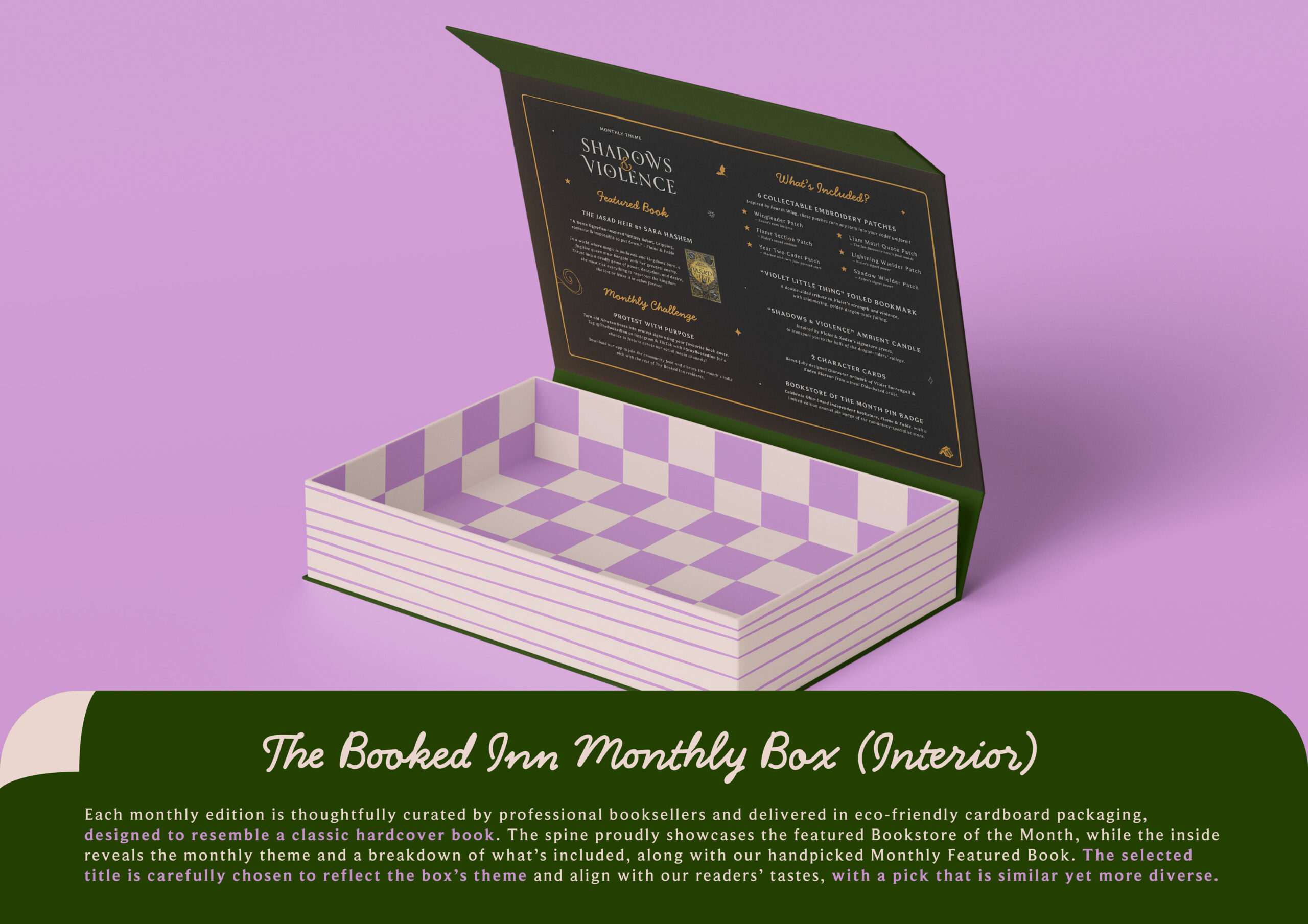 The interior of the subscription box features a chessboard pattern and a list of everything included in the box. 