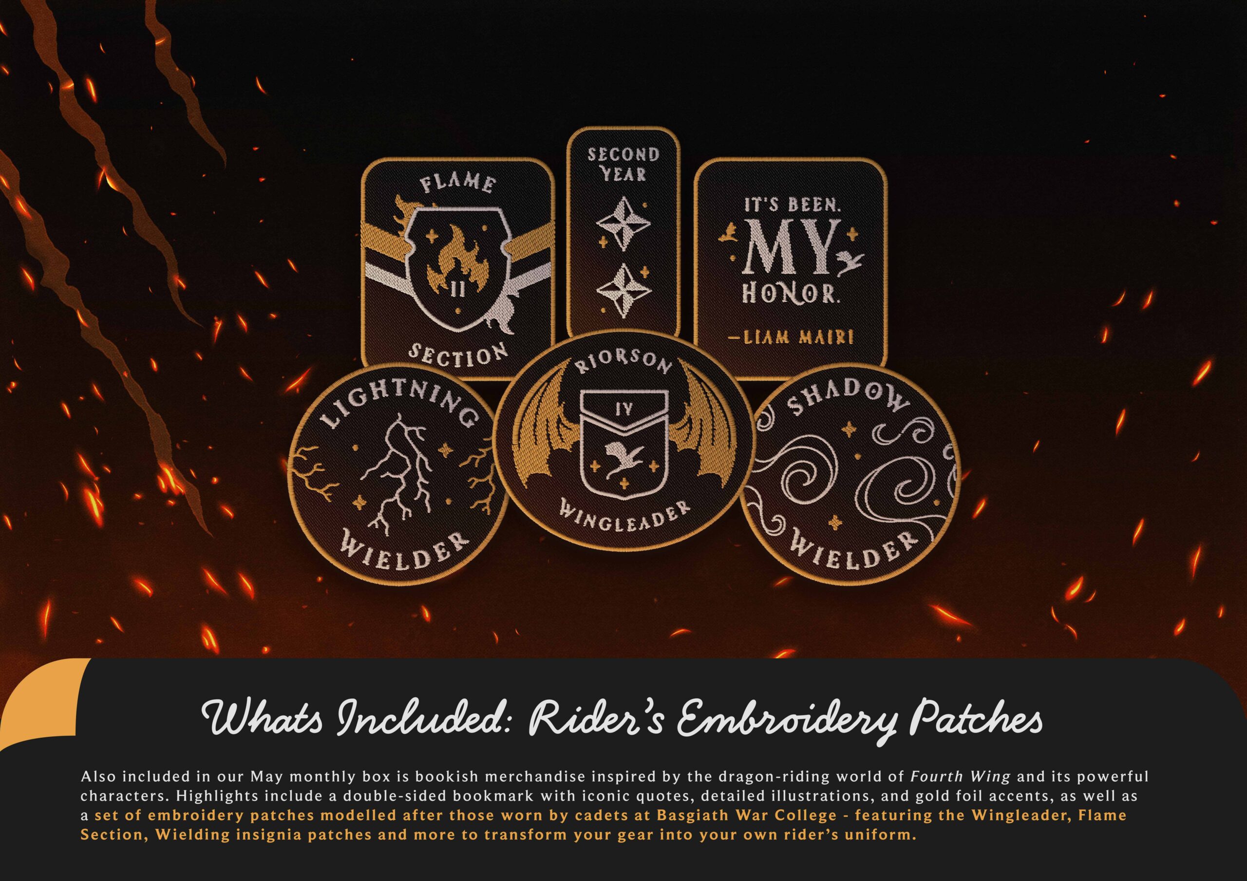 Image depicting 6 embroidery patches based on the badges featured in Fourth Wing.