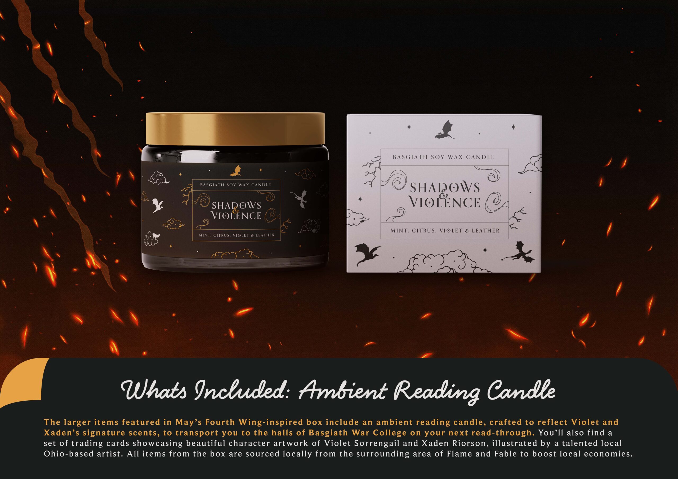 Image showcasing an ambient reading candle based on the scents of the two main characters with illustrations of clouds, stars, lightning, shadows and dragons. 