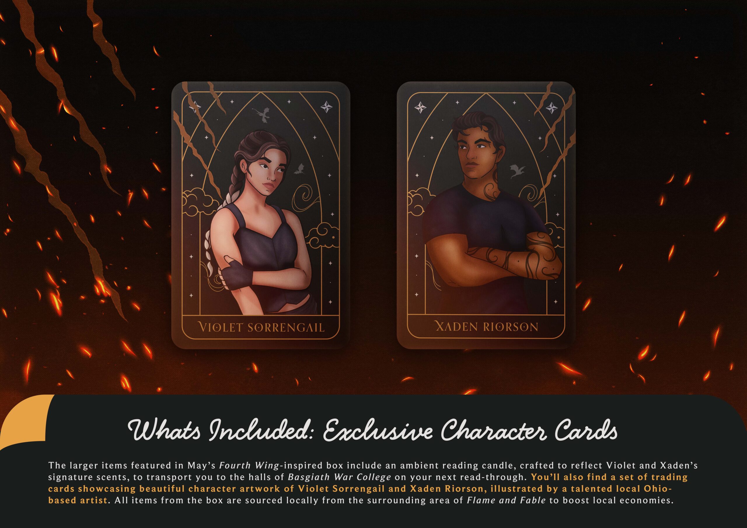 Image showcasing two illustrated character cards based on Xaden Riorson and Violet Sorrengail from the book Fourth Wing. 