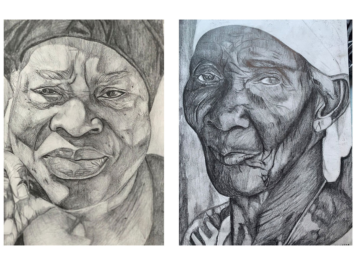 two sketched black and white portraits