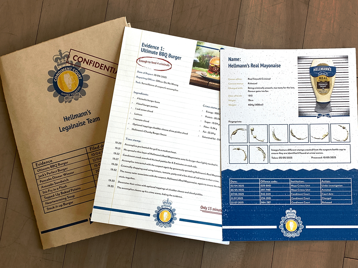 Evidence folder, recipe page, and mayo police report page scattered on wooden surface.