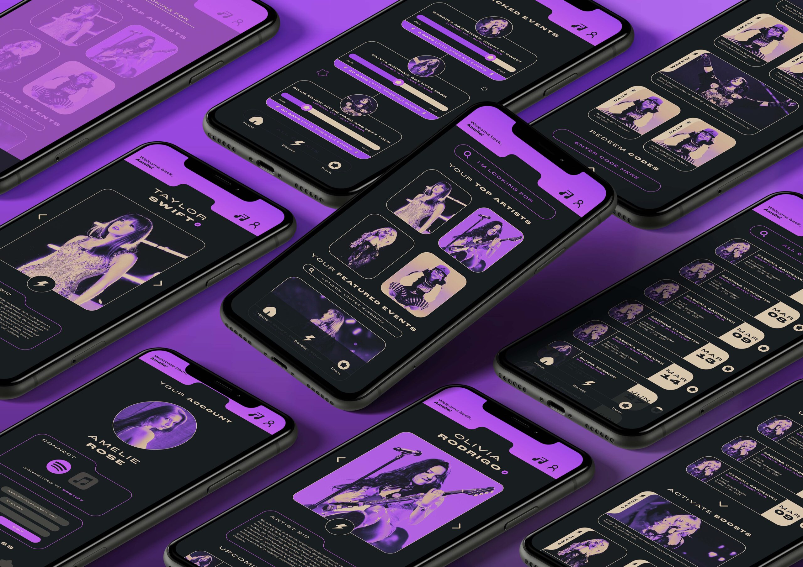 App screens for a ticketing app aimed at Gen Z with bright visuals and popular musicians. 