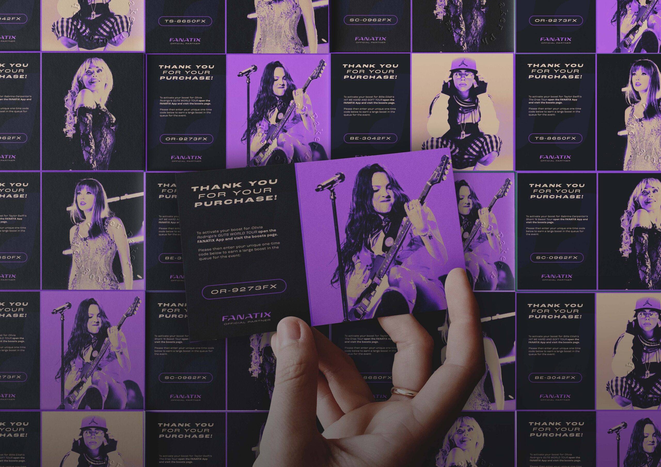 Purchase cards featuring popular artists that audiences would receive after purchasing merchandise. 