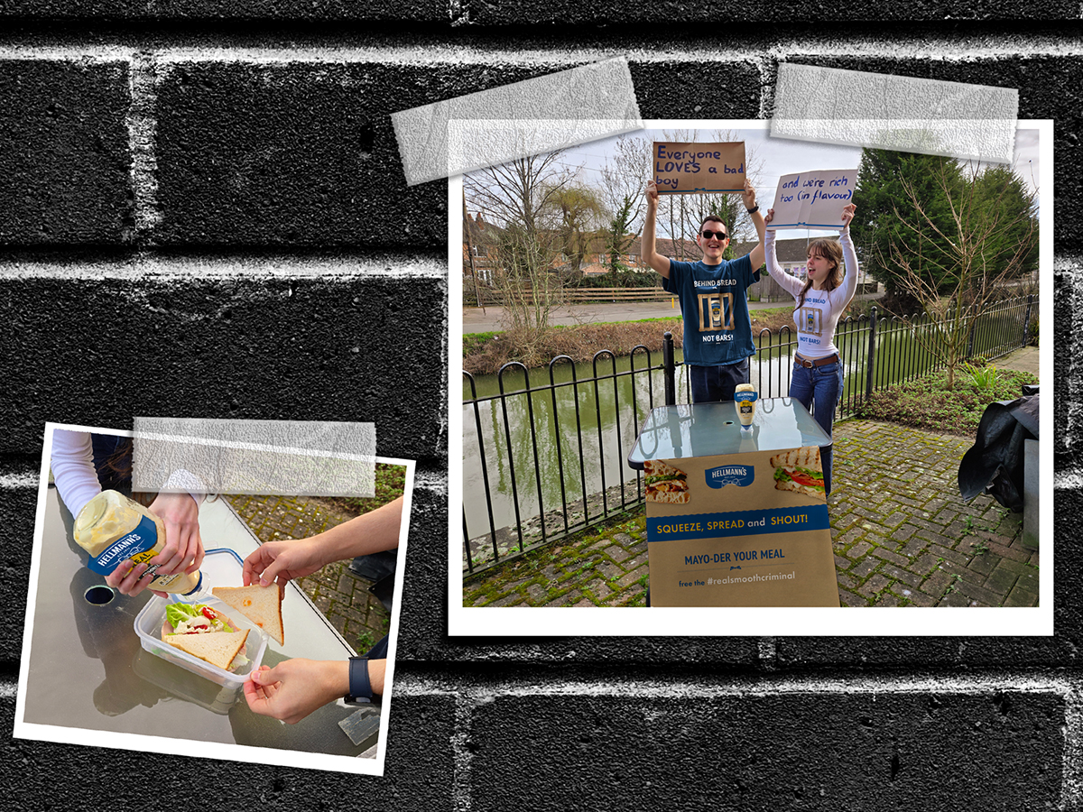 Crime scene polaroid collage of people protesting and squirting mayo in a sandwich.