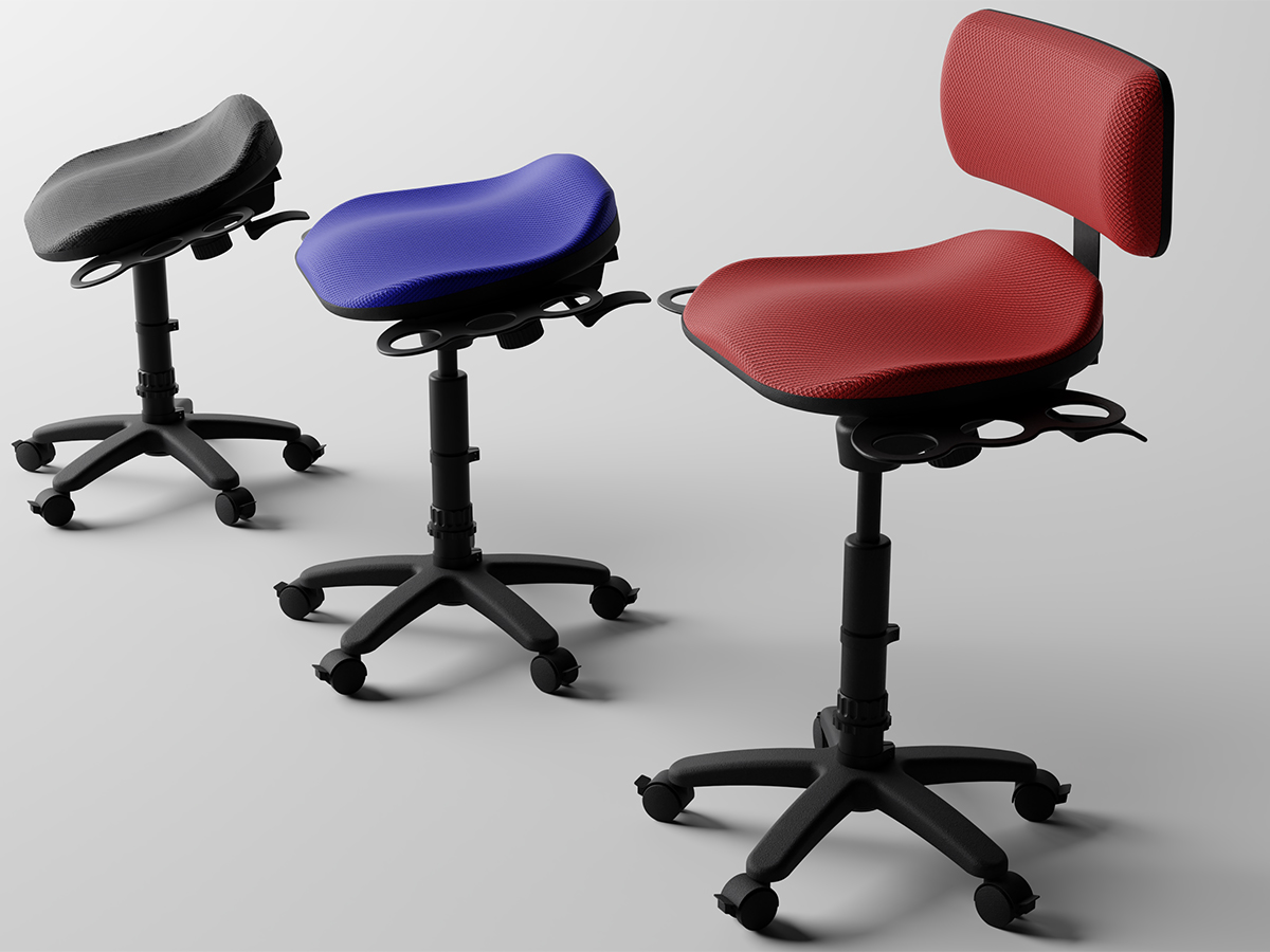 Three RampMate Boccia stools displayed at varying seat heights and angles. The stools are finished in black, blue, and red.