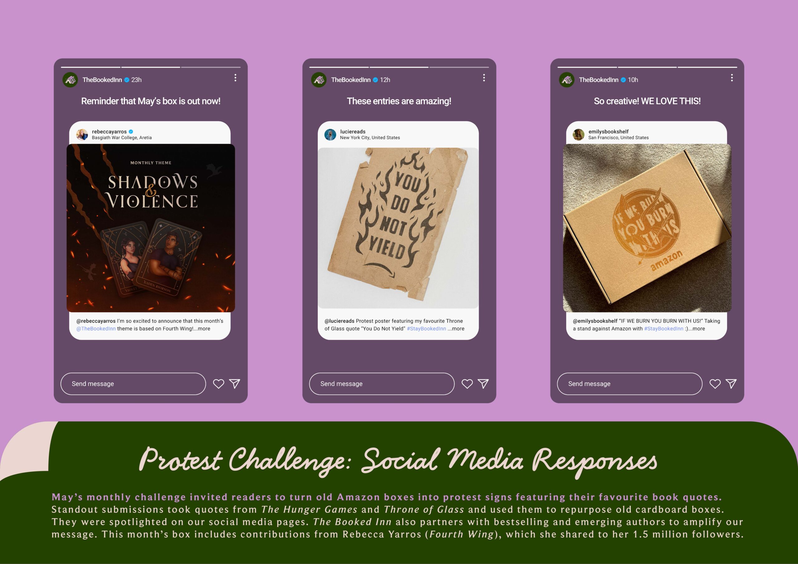 Social media responses to the monthly challenge using quotes from The Hunger Games and Throne of Glass book series on cardboard boxes. 